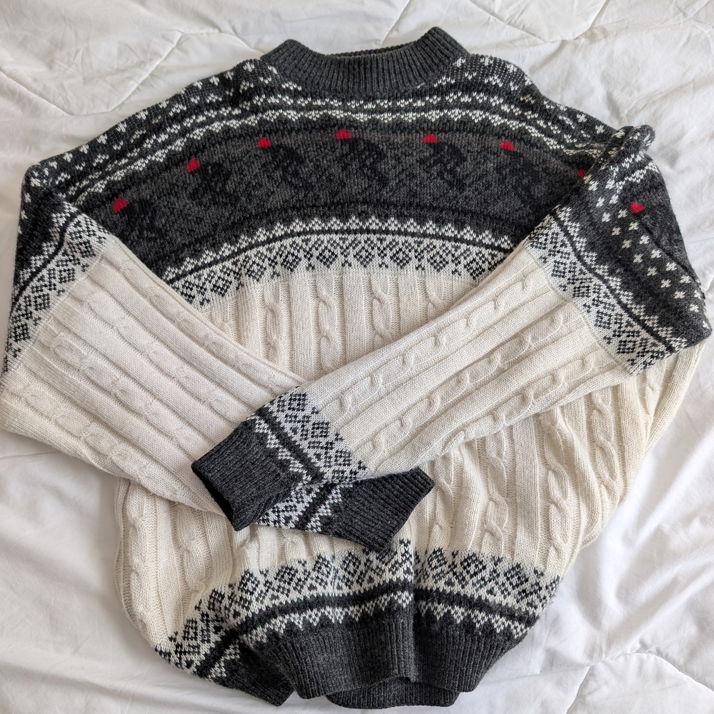 Vintage | grandpa Wool Blend cable knit Novelty Ski Crewneck sweater